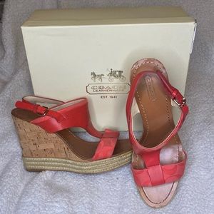 Coach Mendez Women’s Red Melon Leather Cork Wedges